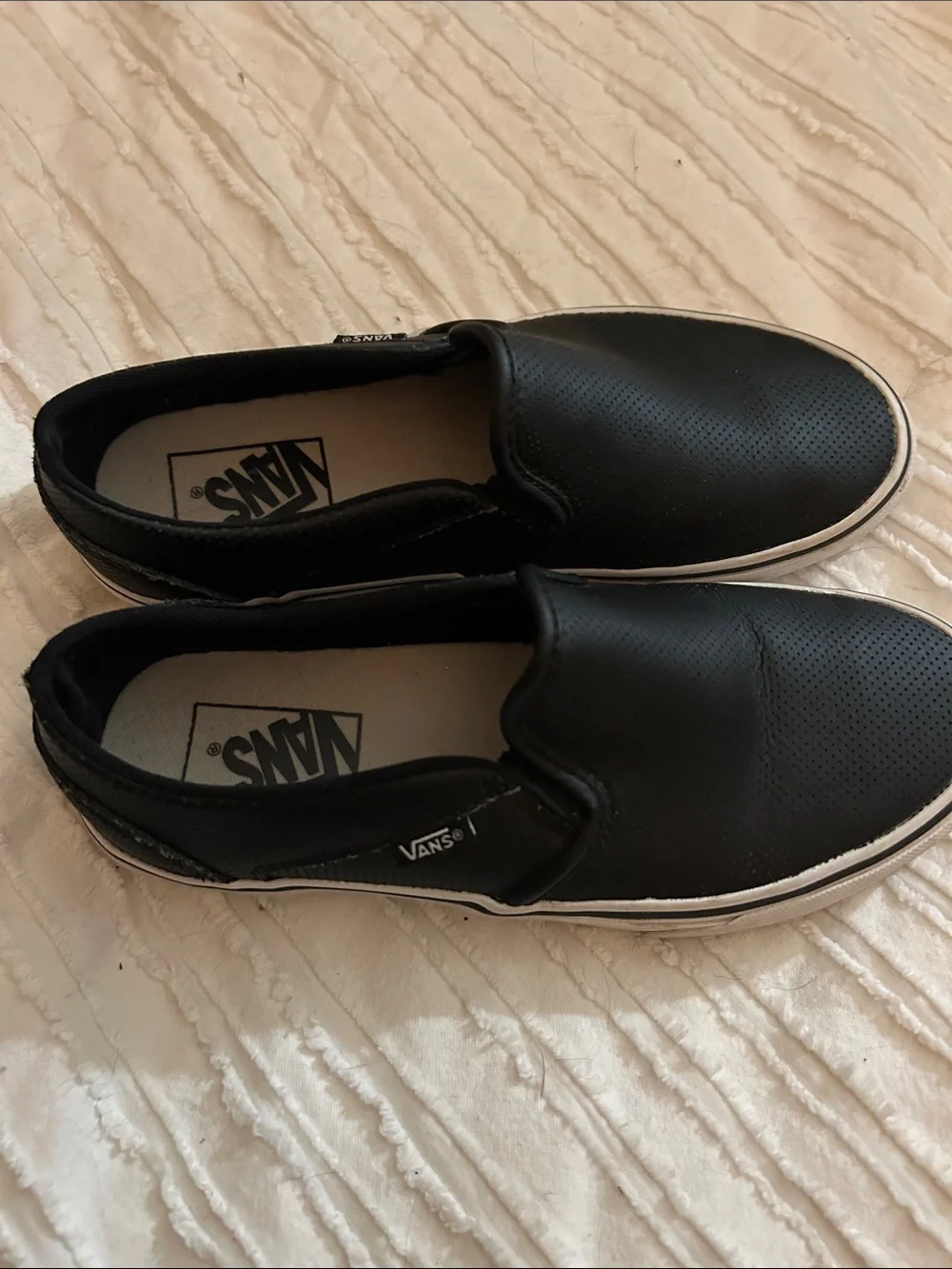 Vans Black Leather Slip-On Shoes with White Sole